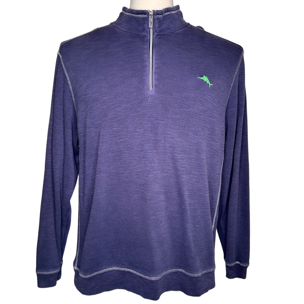 Tommy Bahama Mens Purple Quarter Zip Pullover Marlin Logo Sweater Size L